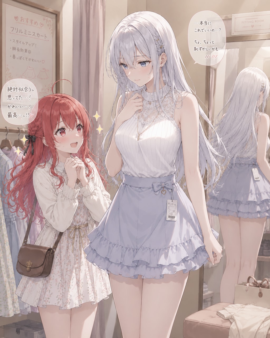 友達のシエルに動揺するアイカと慣れないミニスカートに動揺