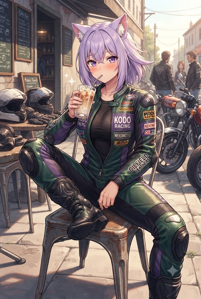 たまり場のカフェでアイスラテを飲むライダースーツのシス | の人気AIイラスト・グラビア