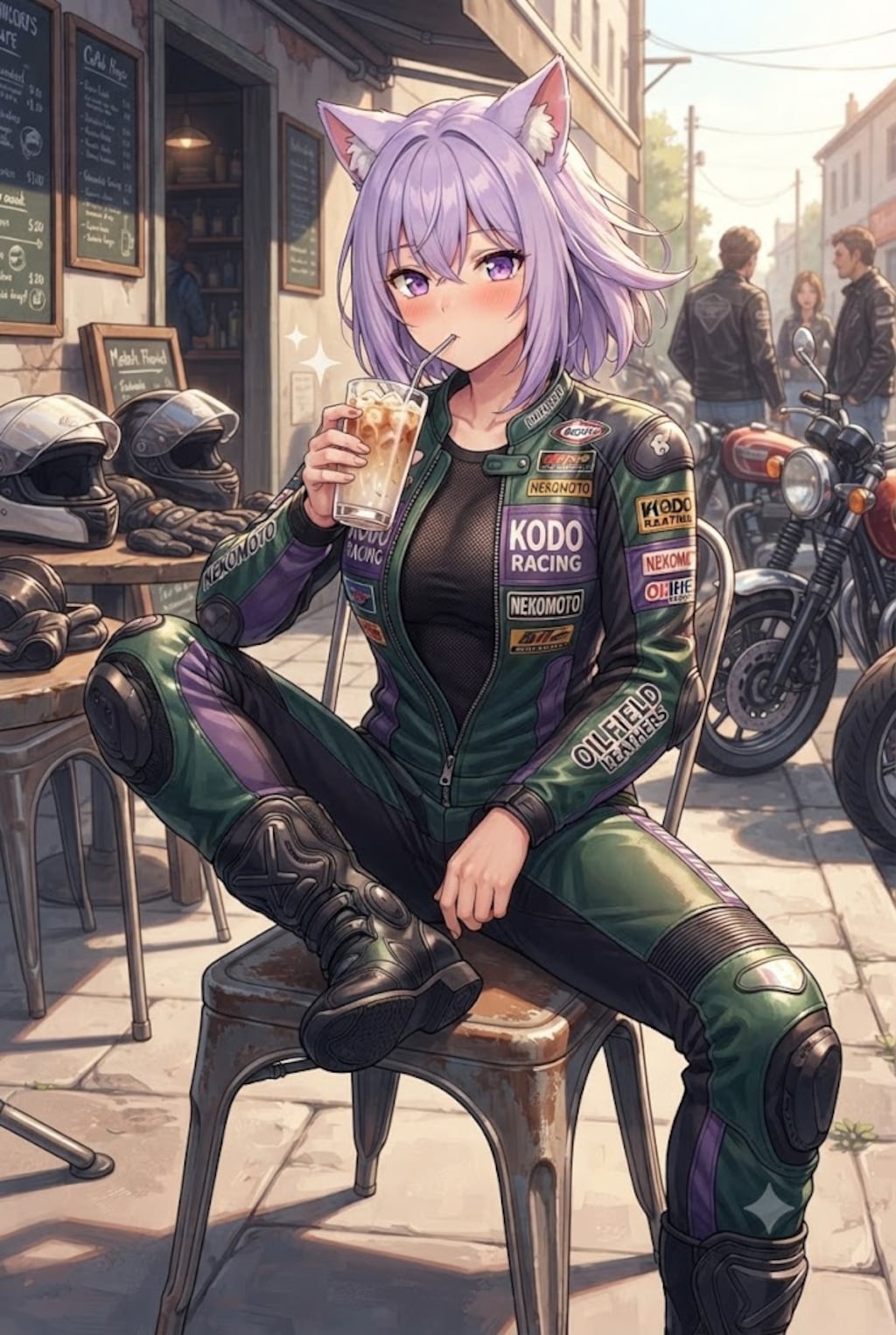 たまり場のカフェでアイスラテを飲むライダースーツのシス