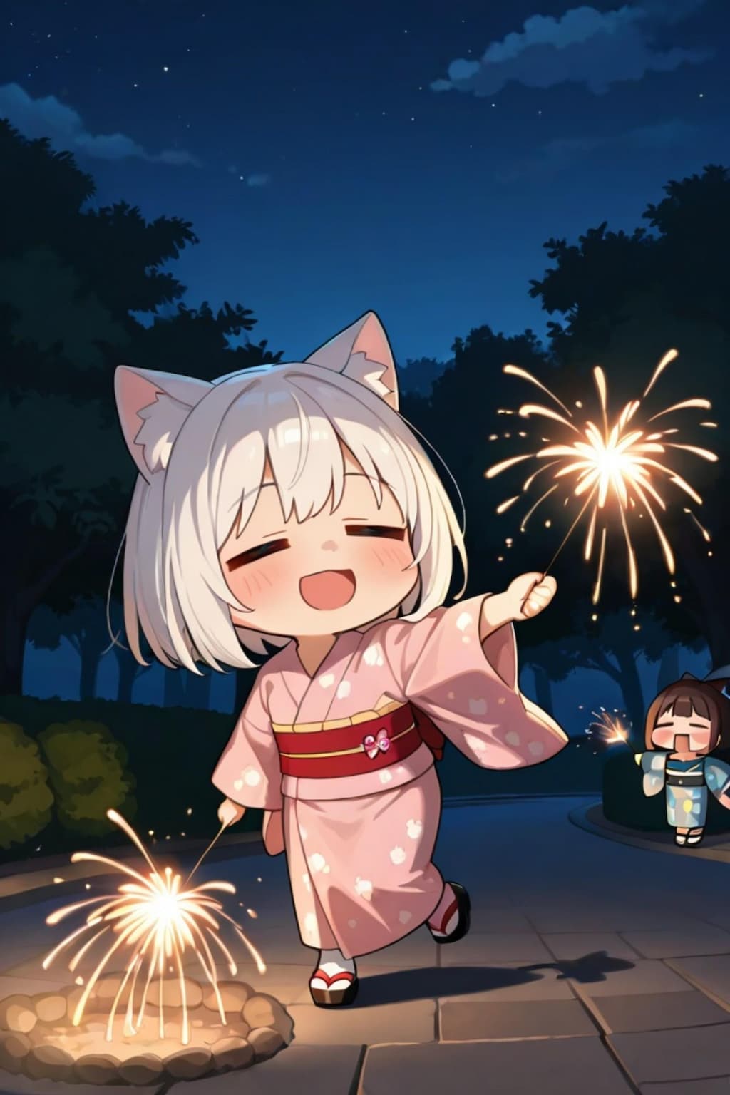 花火をする白髪ちゃん