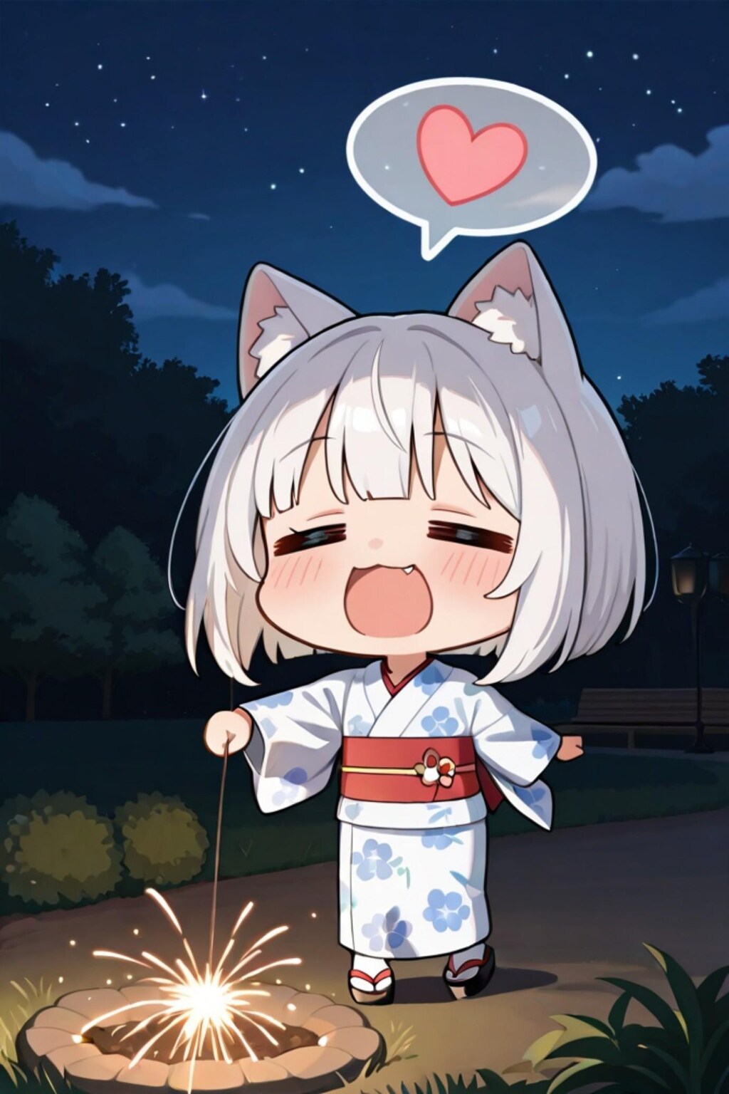 花火をする白髪ちゃん