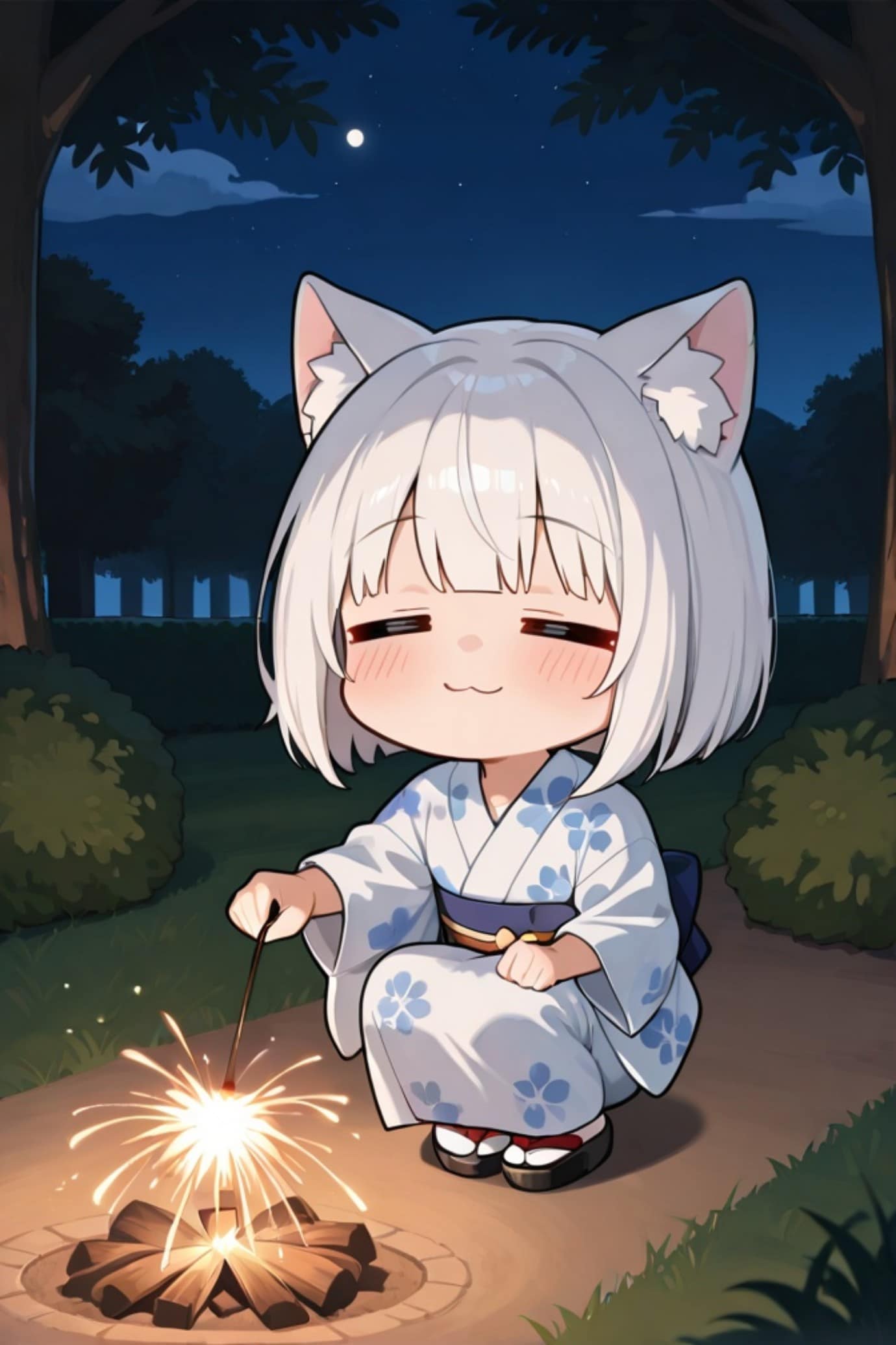 花火をする白髪ちゃん