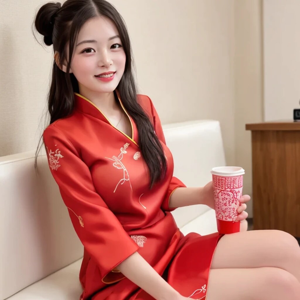 黒髪ツイン団子で中華服の美女２０