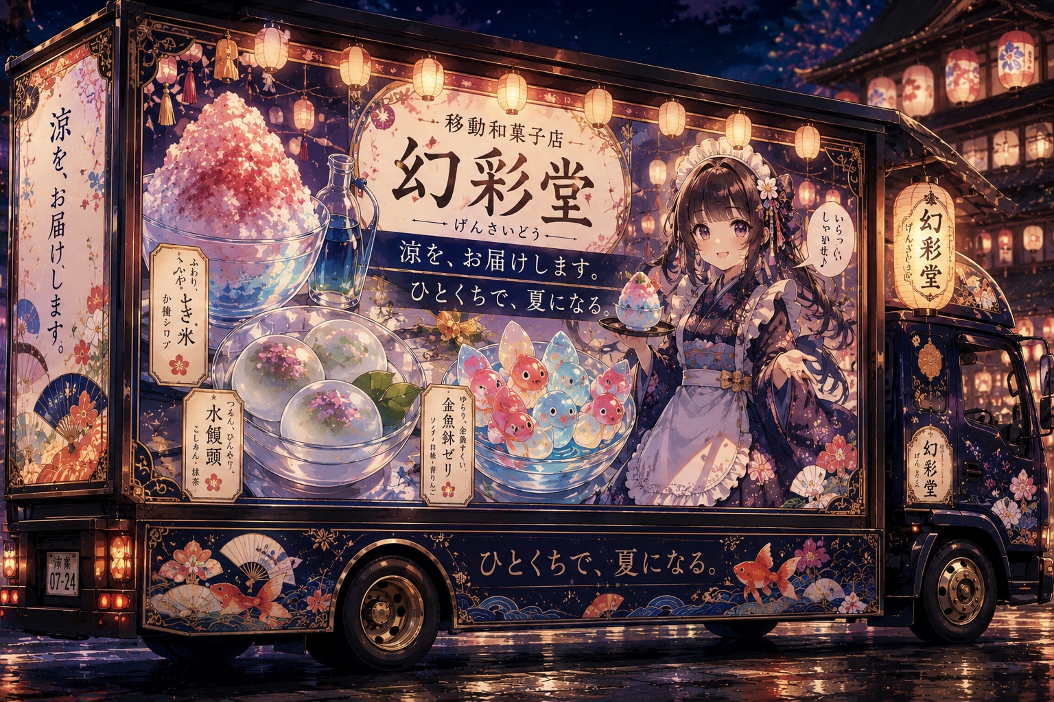 🏮 夜空に映える、移動和菓子店「幻彩堂」 🎆