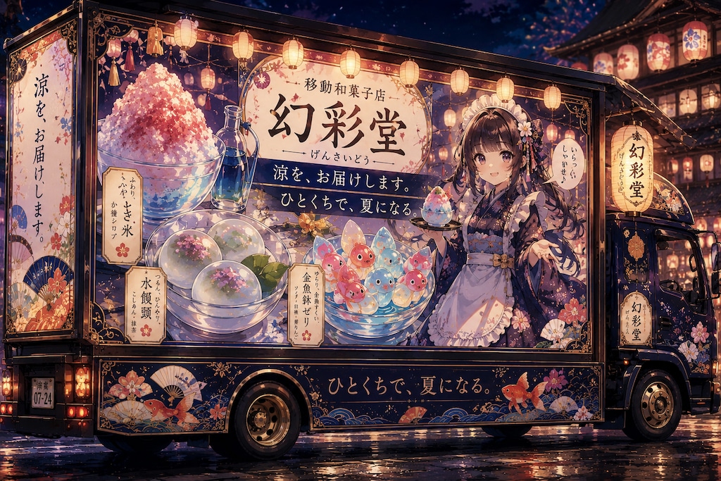 🏮 夜空に映える、移動和菓子店「幻彩堂」 🎆