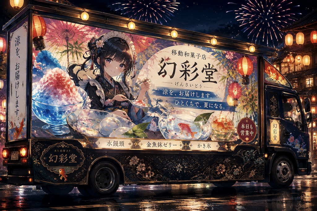 🏮 夜空に映える、移動和菓子店「幻彩堂」 🎆