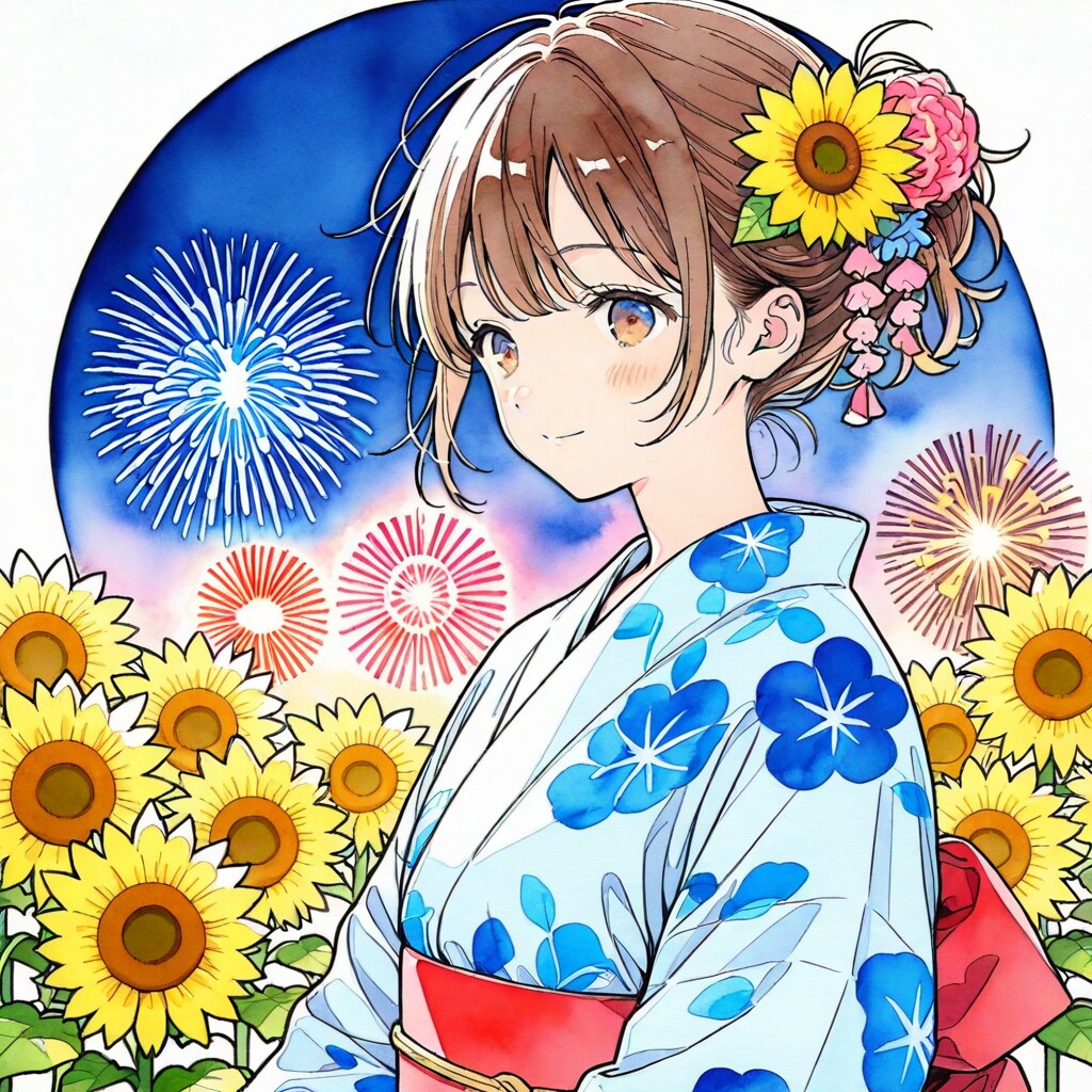 向日葵と花火と浴衣の女の子