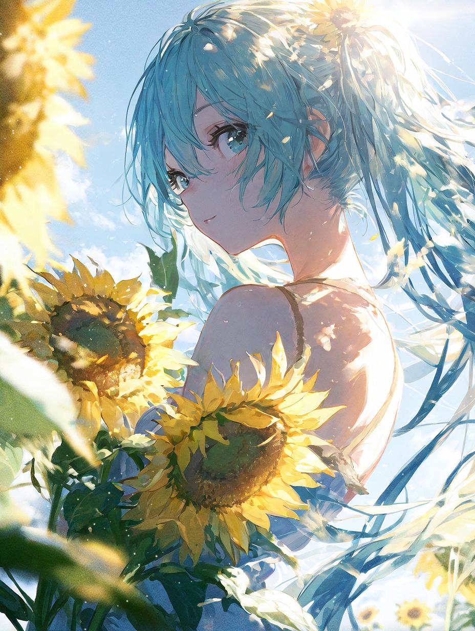 青空の下、向日葵