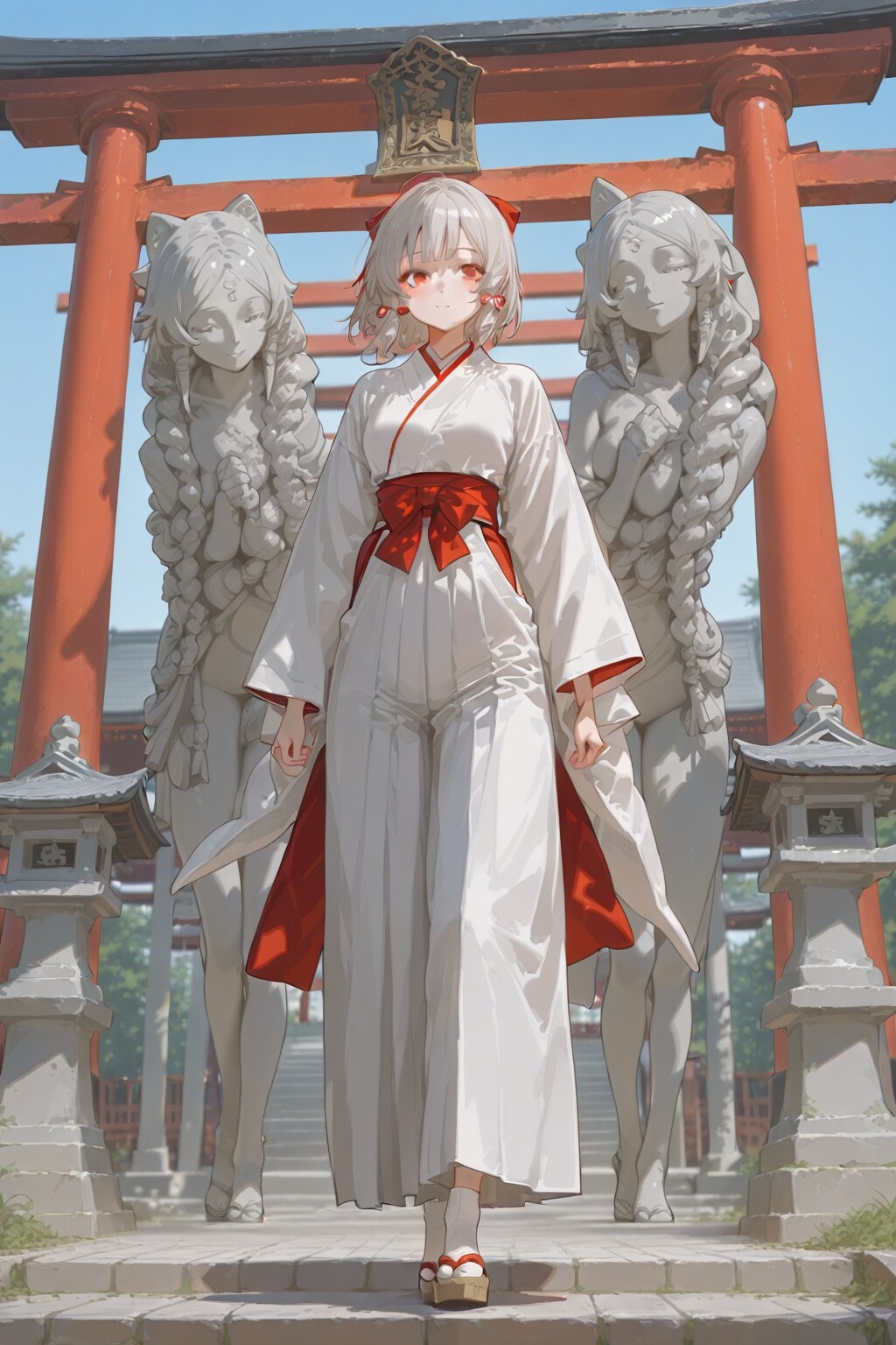 青空に映える朱色の鳥居の下に佇む日本の神社の巫女の立姿全身像