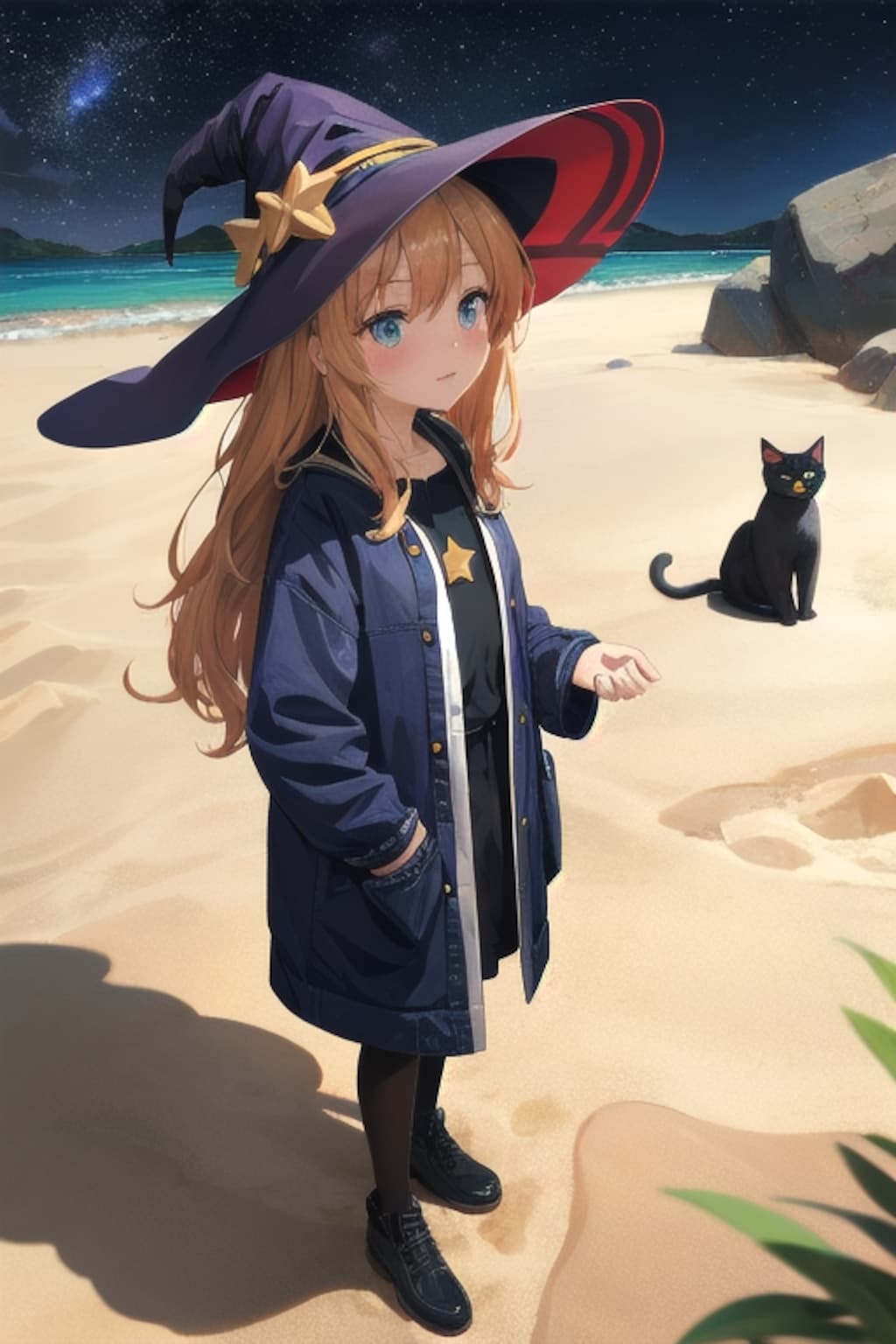 砂浜の魔女と猫と星空