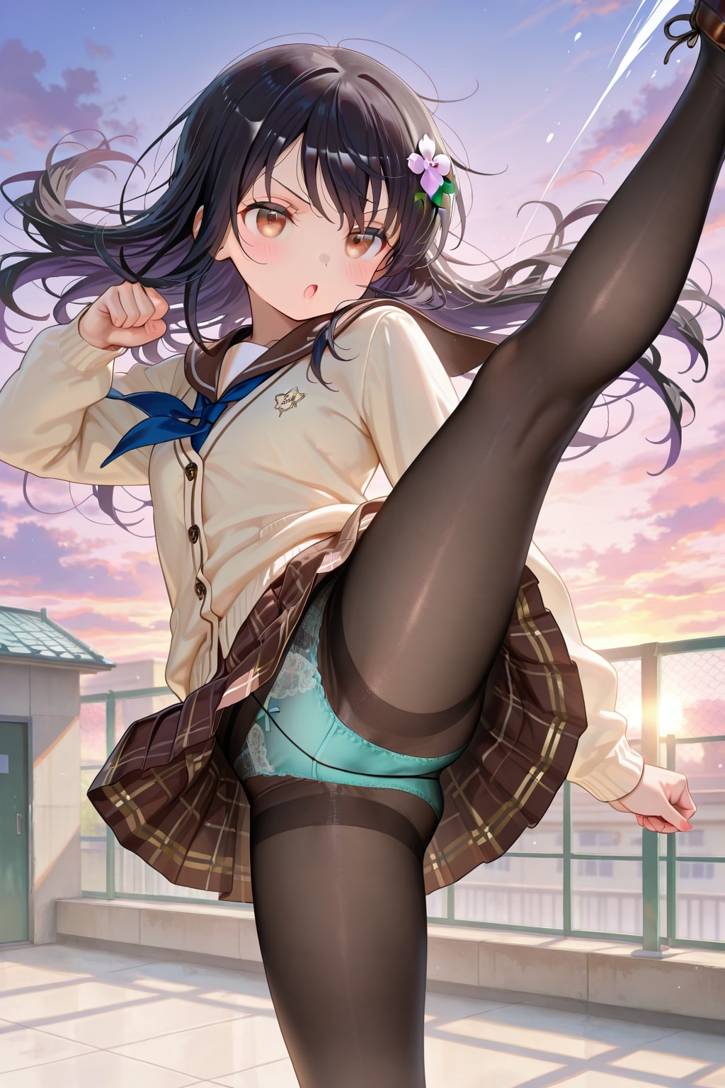 屋上でハイキック練習