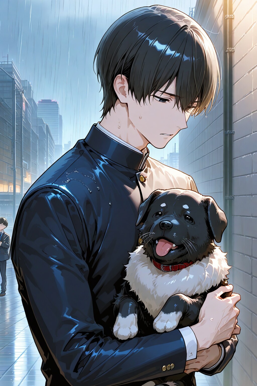雨の中、迷子犬を抱える高校生