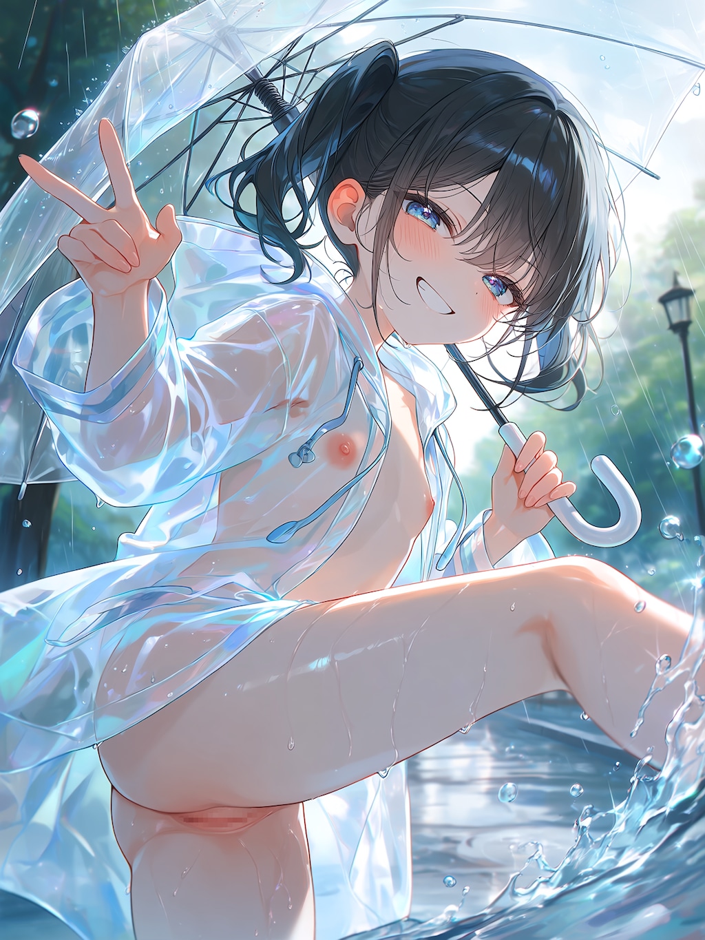 [3枚] 「土砂降りの雨。こんな日はカッパを着て公園へ行くのよ。だれもいないからどんなに水をはねても怒られないのよ！あら？でも私がびしょ濡れになっちゃった！」（水と少女・大人向け１４５の１）