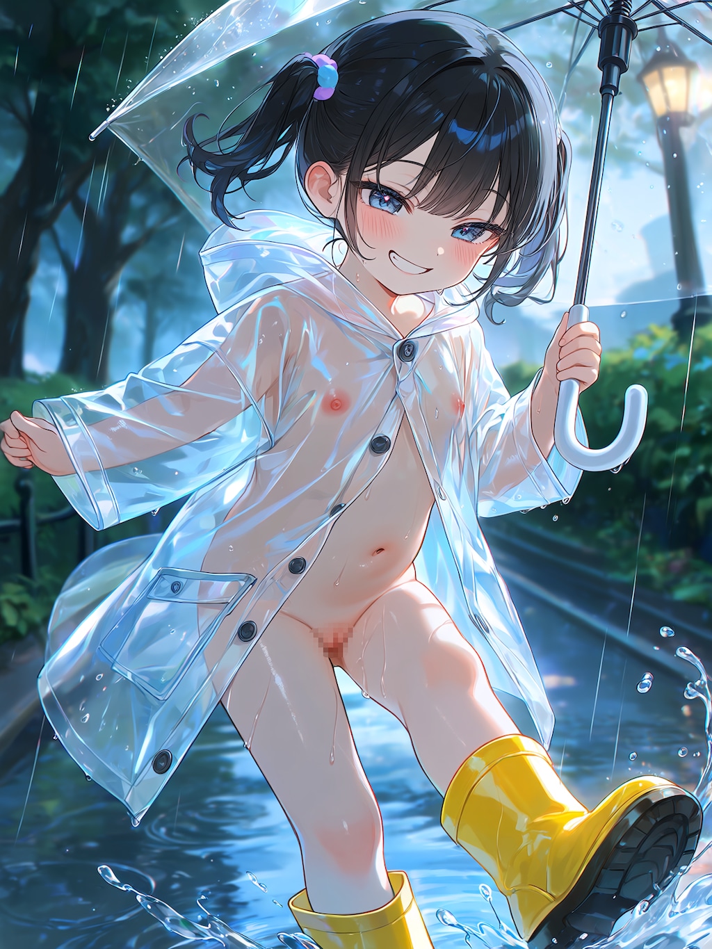 [3枚] 「土砂降りの雨。こんな日はカッパを着て公園へ行くのよ。だれもいないからどんなに水をはねても怒られないのよ！あら？でも私がびしょ濡れになっちゃった！」（水と少女・大人向け１４５の１）