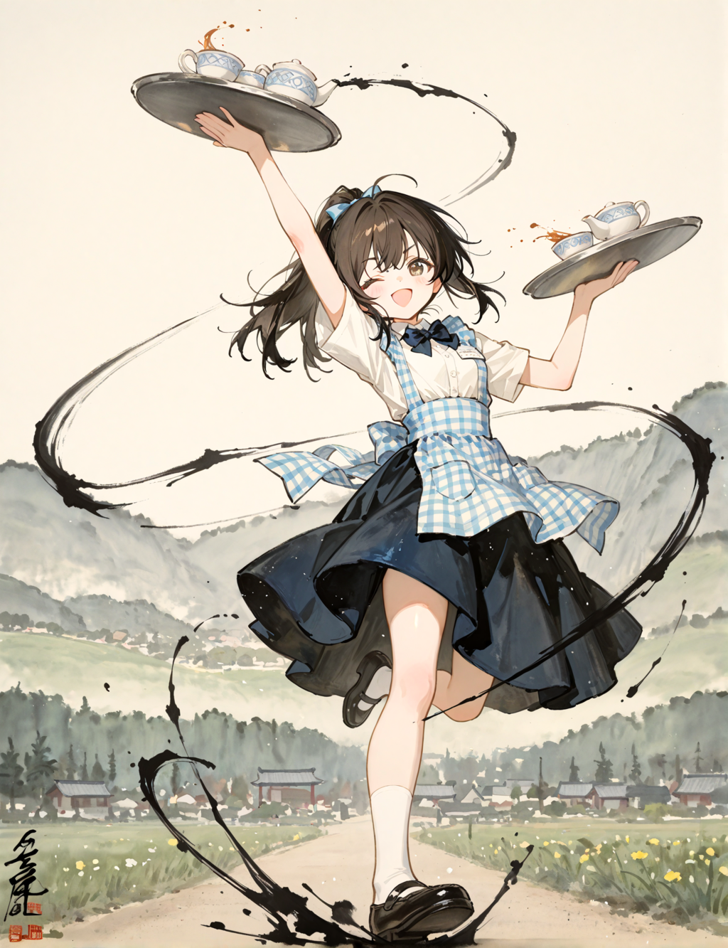 水墨画風の少女