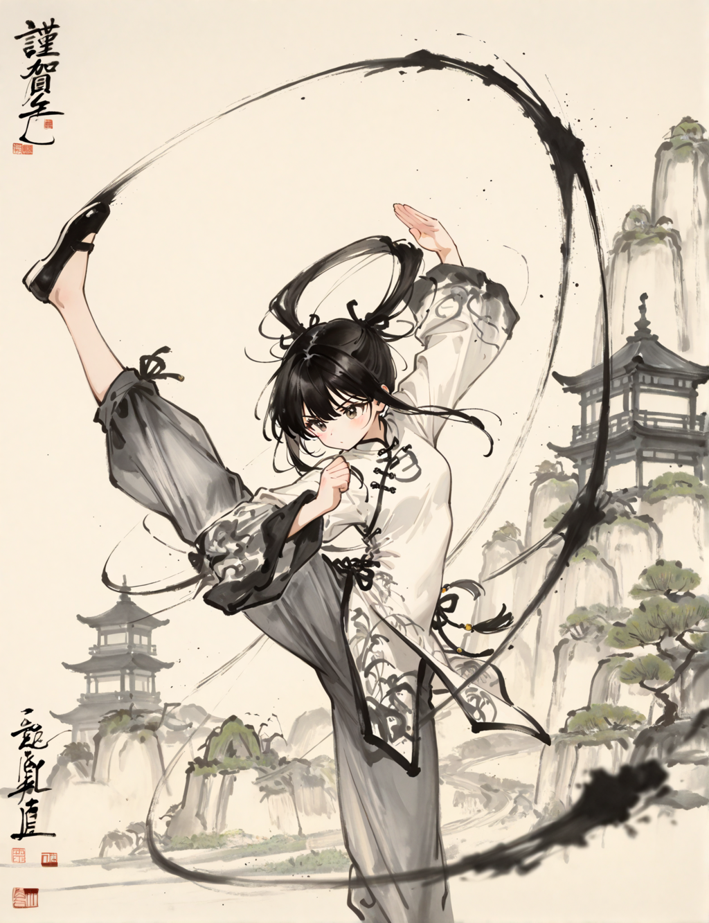 水墨画風の少女