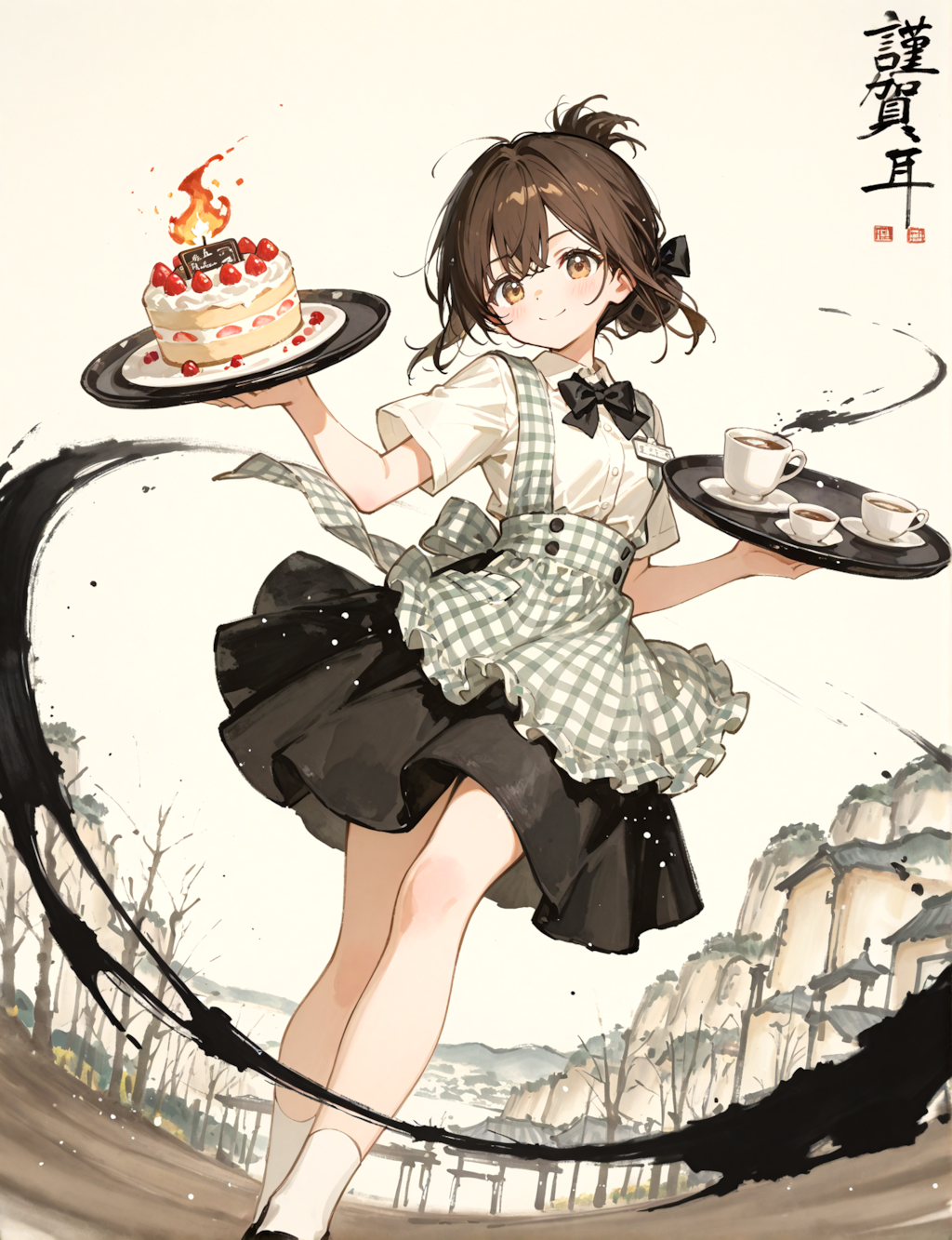 水墨画風の少女