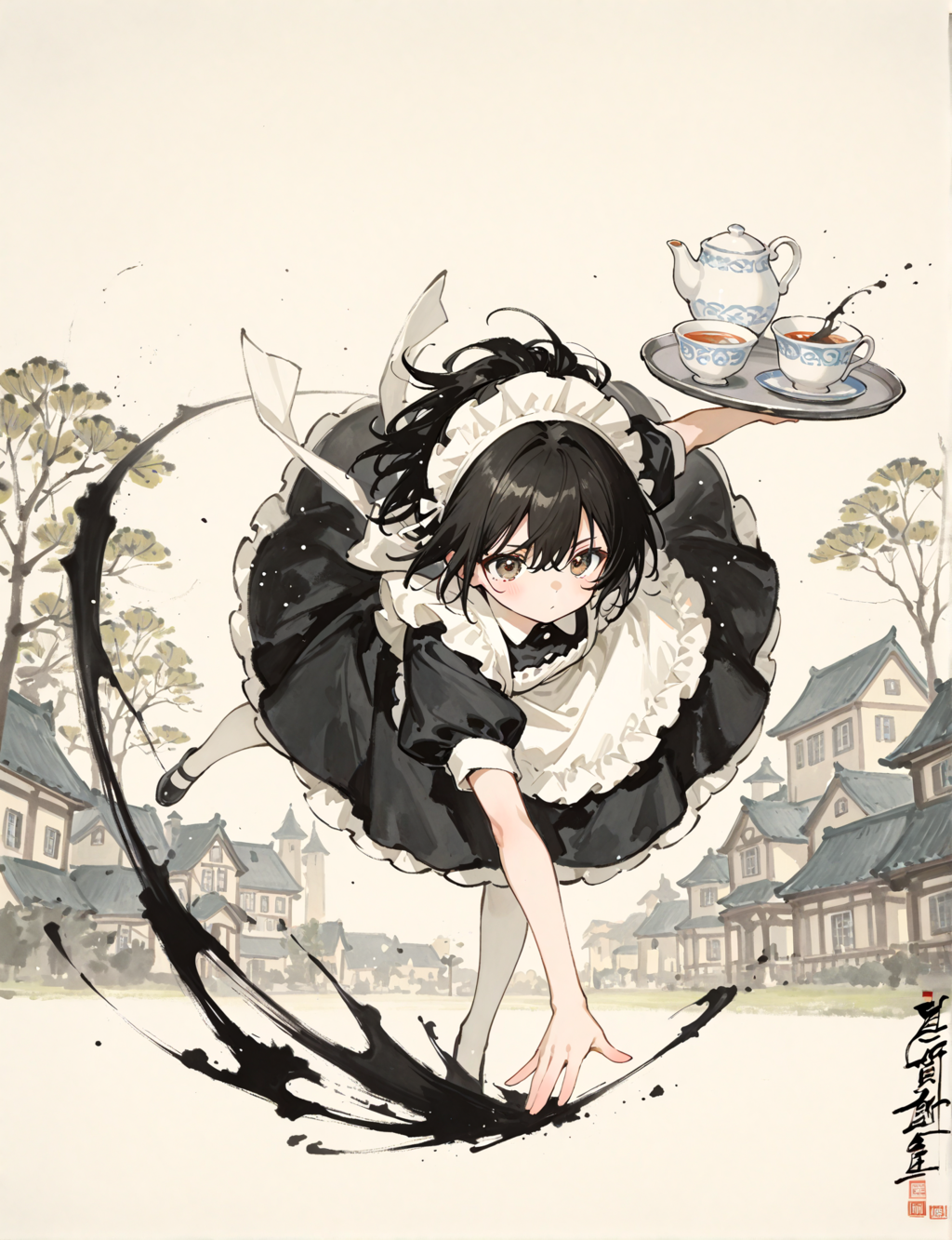 水墨画風の少女