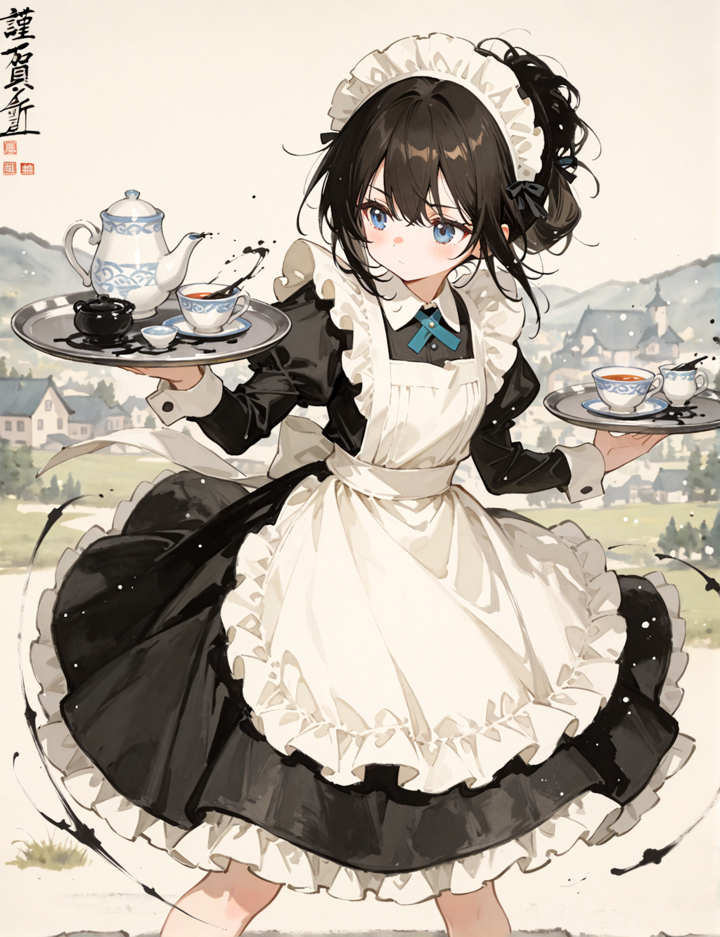 水墨画風の少女