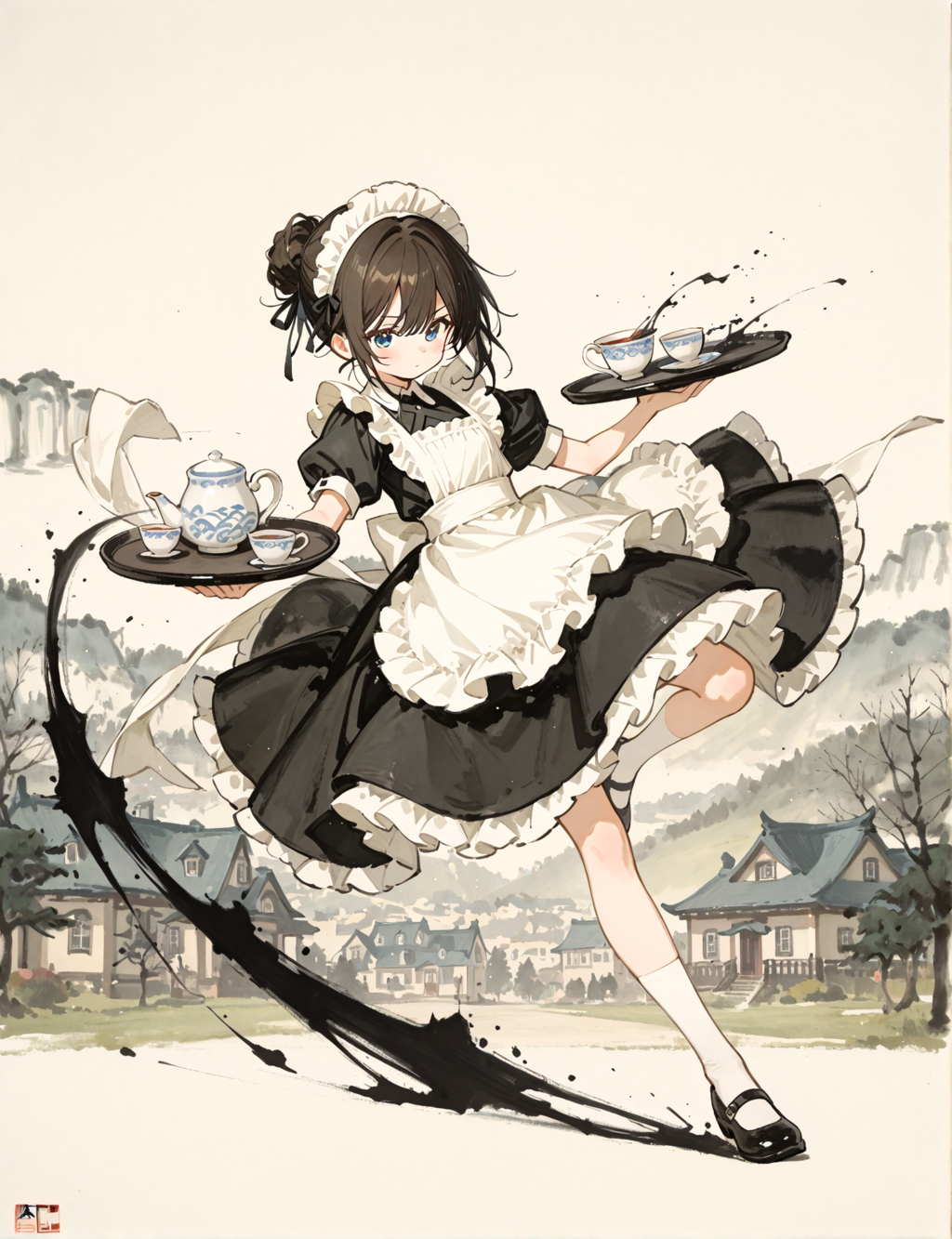 水墨画風の少女