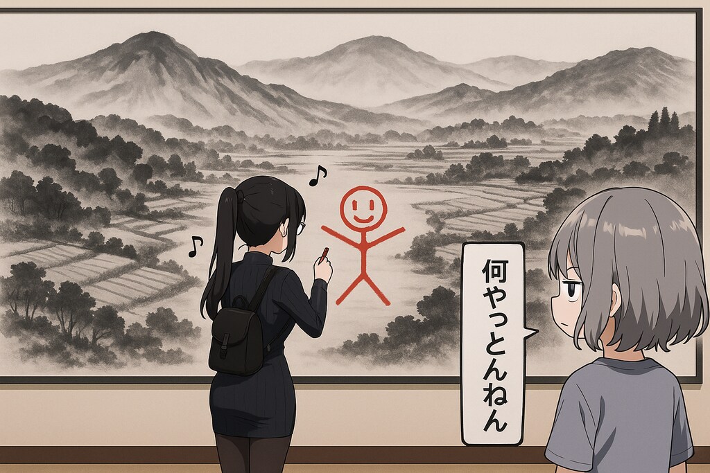 美術館の水墨画に描き足すゆまさん