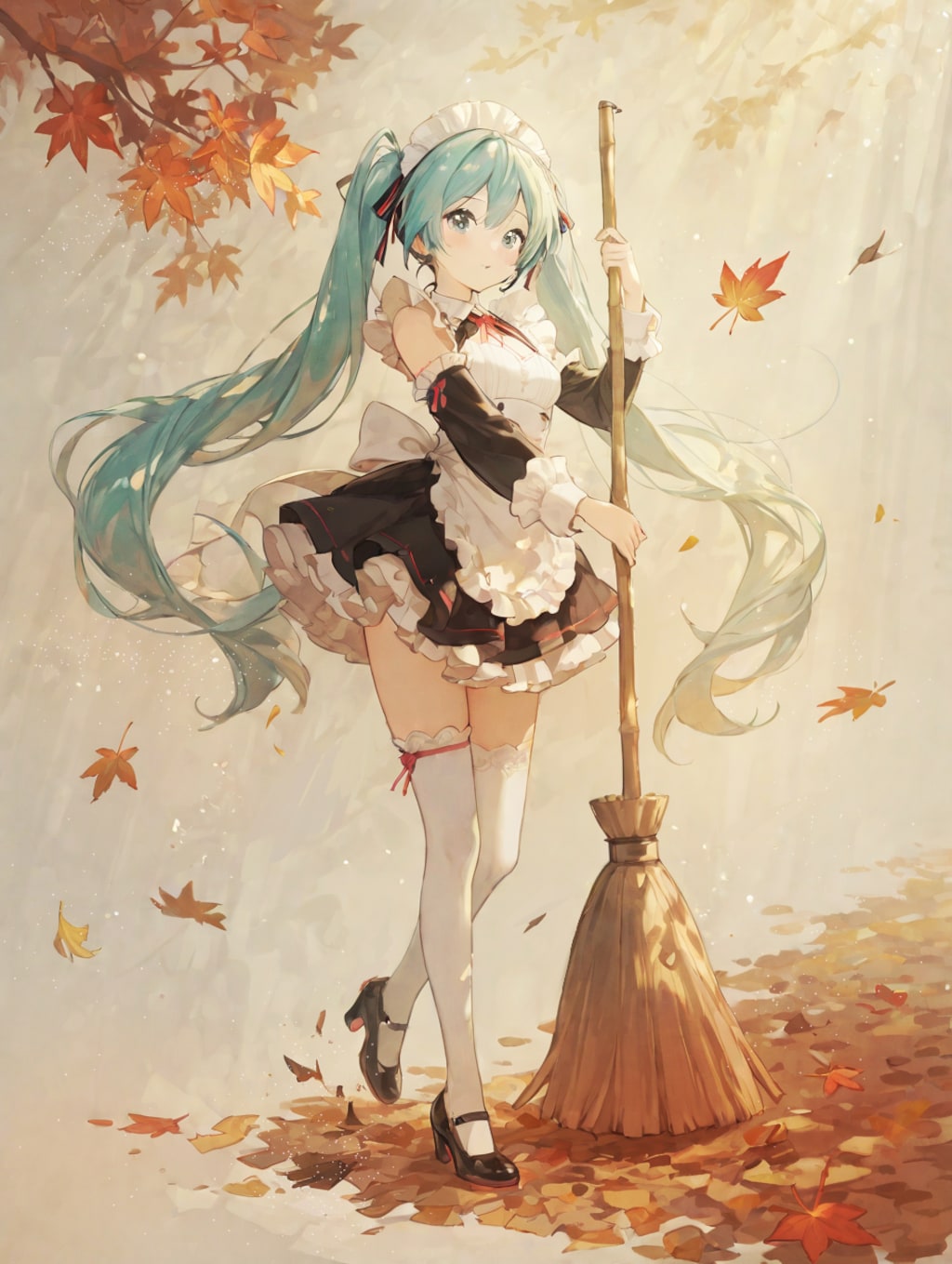 落ち葉を掃くメイドさん