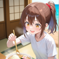 海の家のラーメンを食べて横になる少女 3枚目