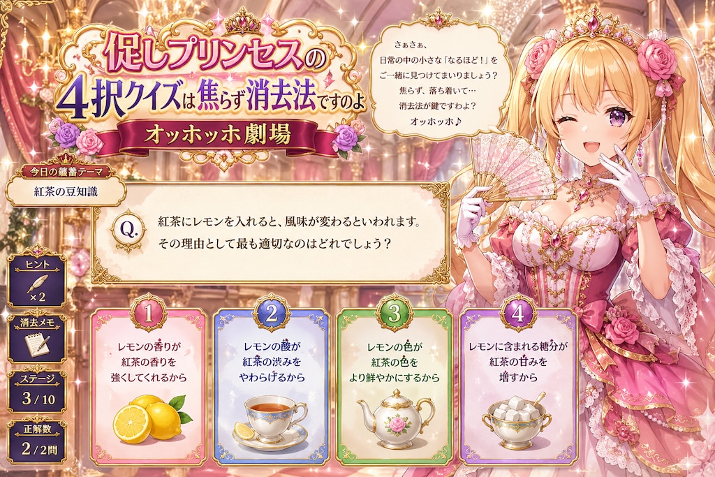 クイズゲーム：促しプリンセスの4択クイズは焦らず消去法ですのよオッホッホ劇場(ChatGPT)