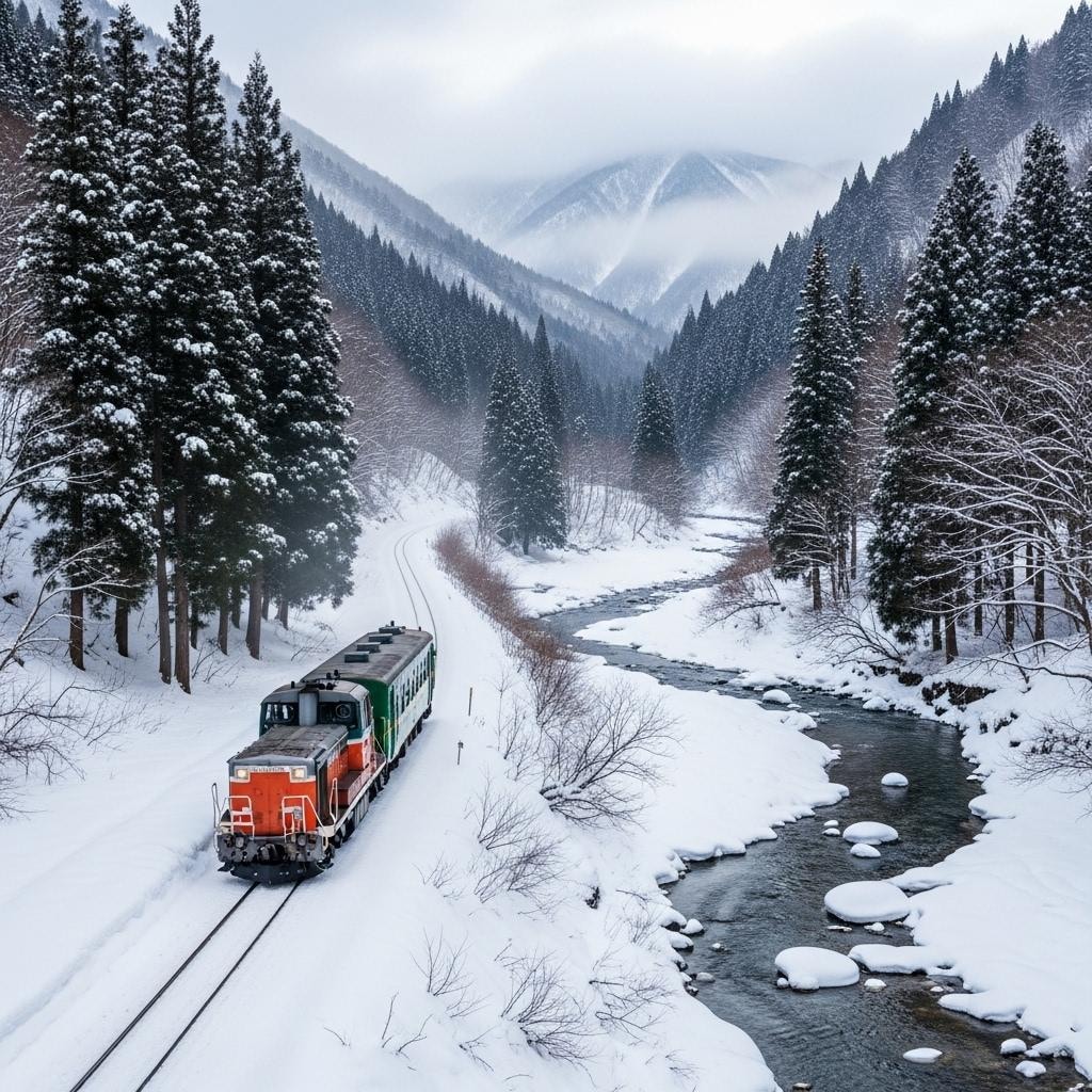 渓谷のローカル線　雪景色