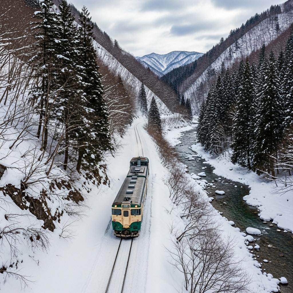 渓谷のローカル線　雪景色