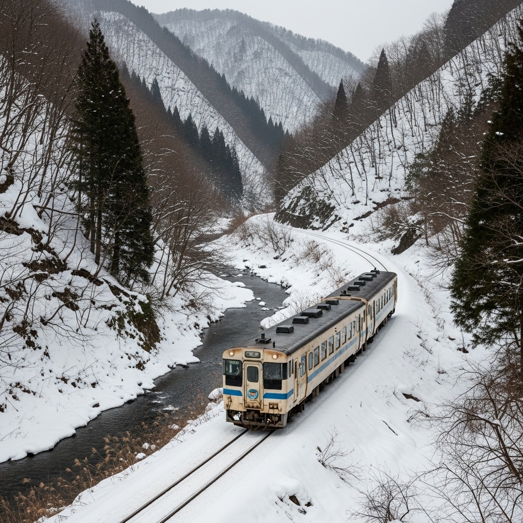 渓谷のローカル線　雪景色
