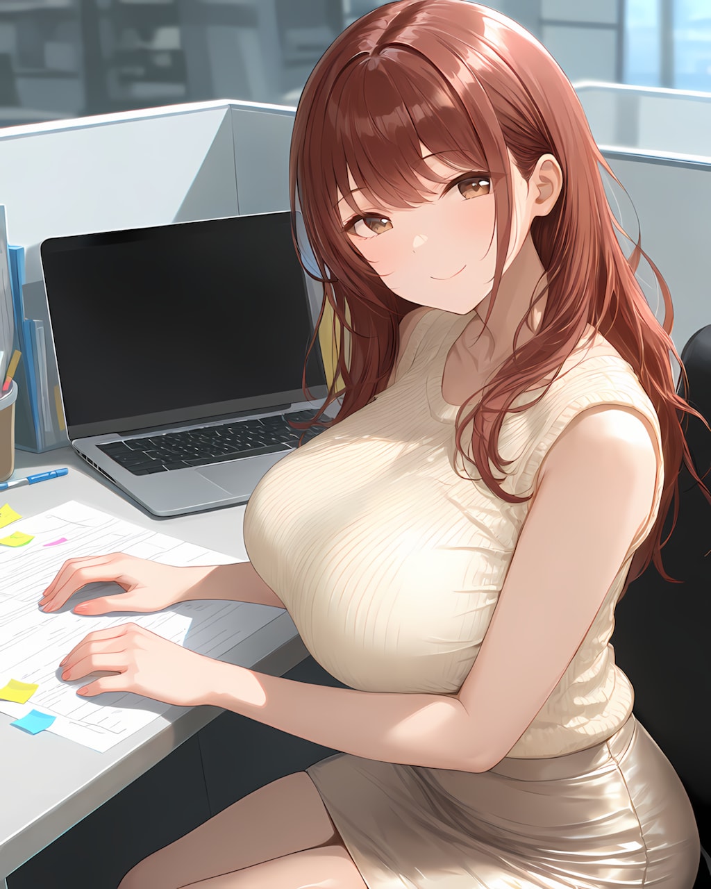 💼付箋がいっぱいのデスクで！上品サマーニットの働くお姉さん姿✨