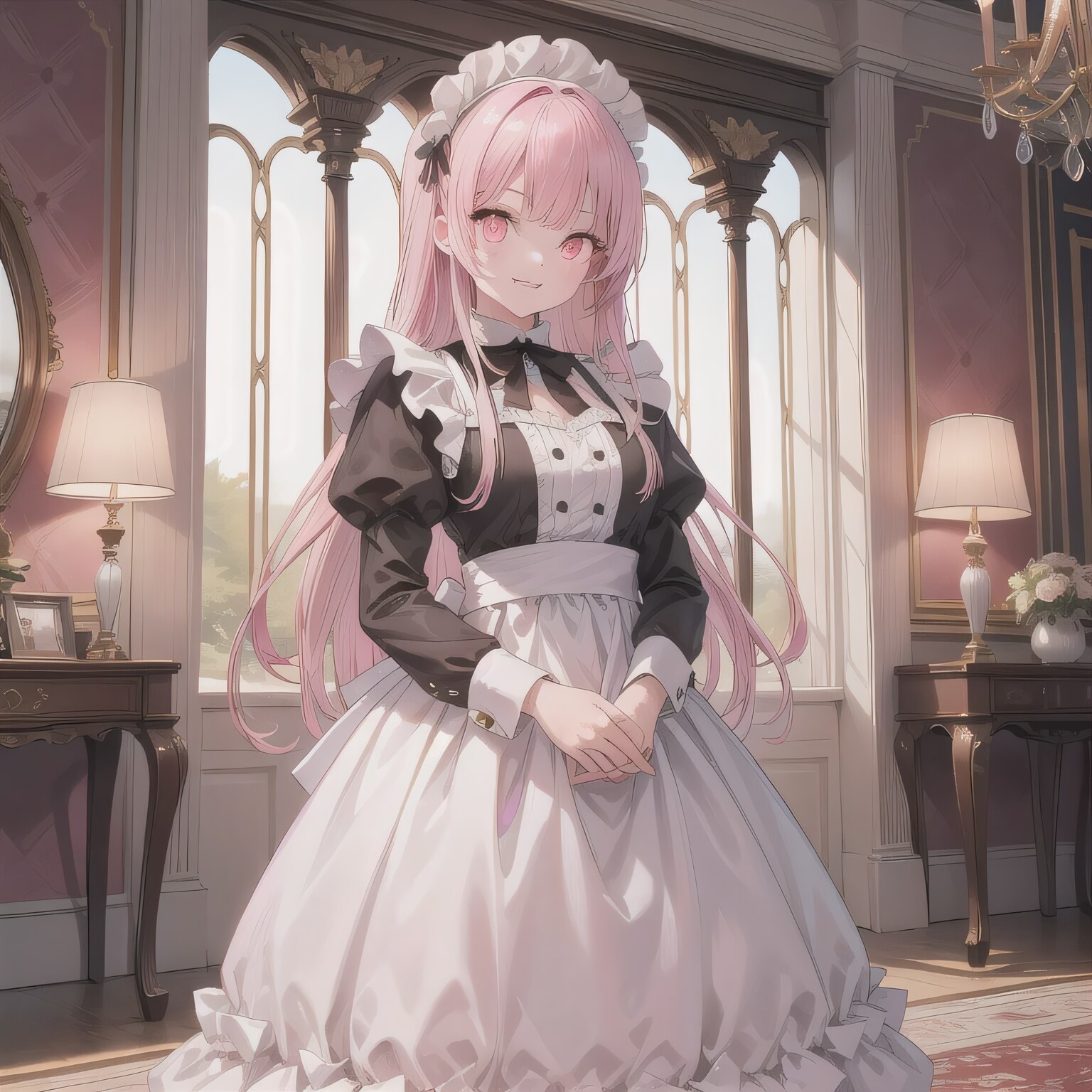 ピンク髪ロングでメイド服の少女３ | の人気AIイラスト・グラビア