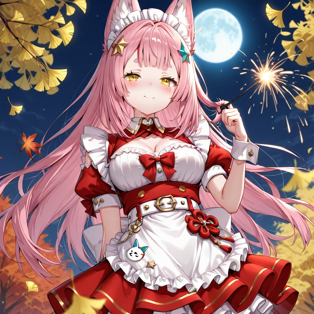 線香花火を危険な持ち方をする秋の月見をする少女