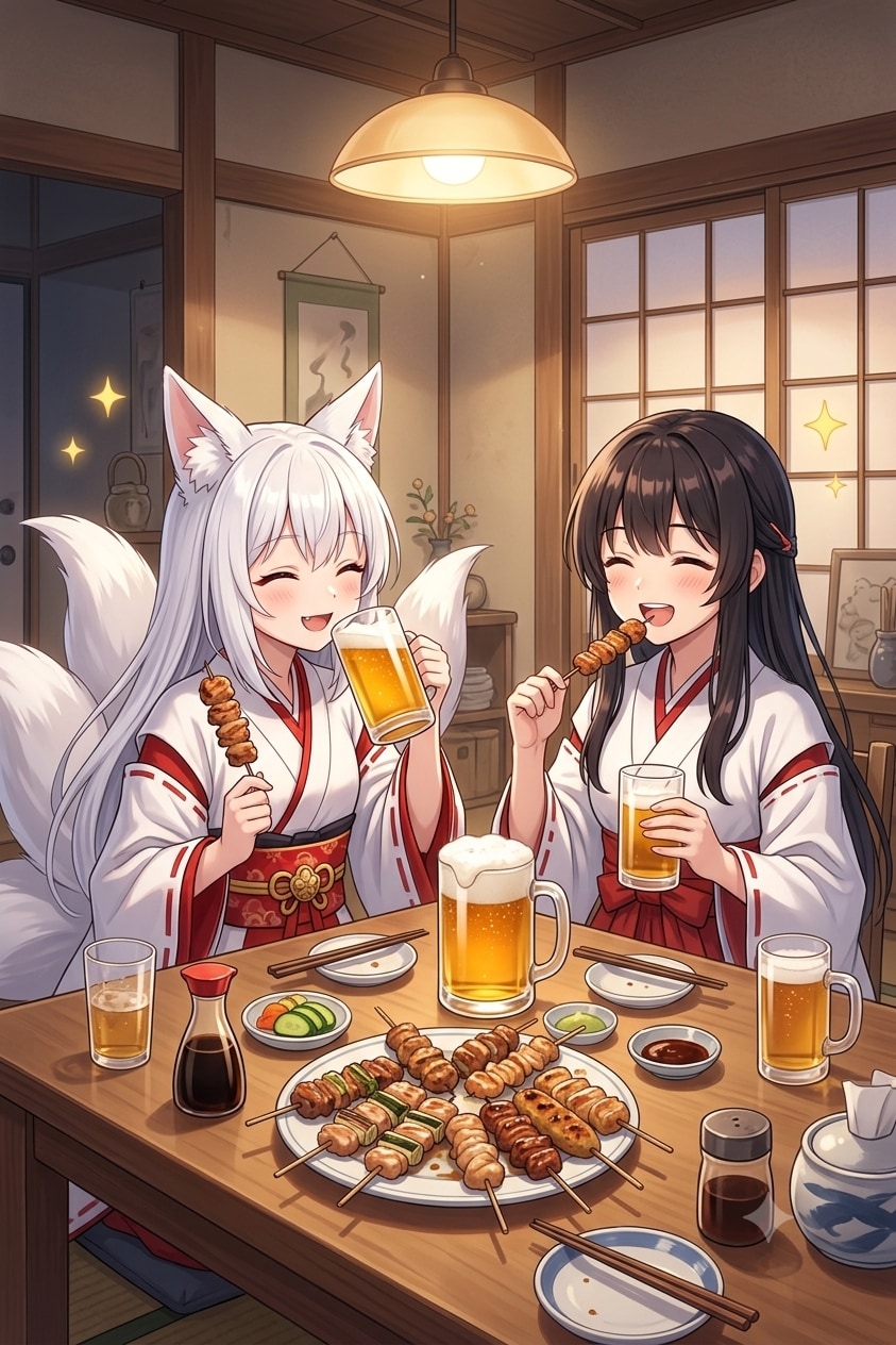 焼き鳥でビールを飲む御神体様とさくらちゃん | の人気AIイラスト・グラビア