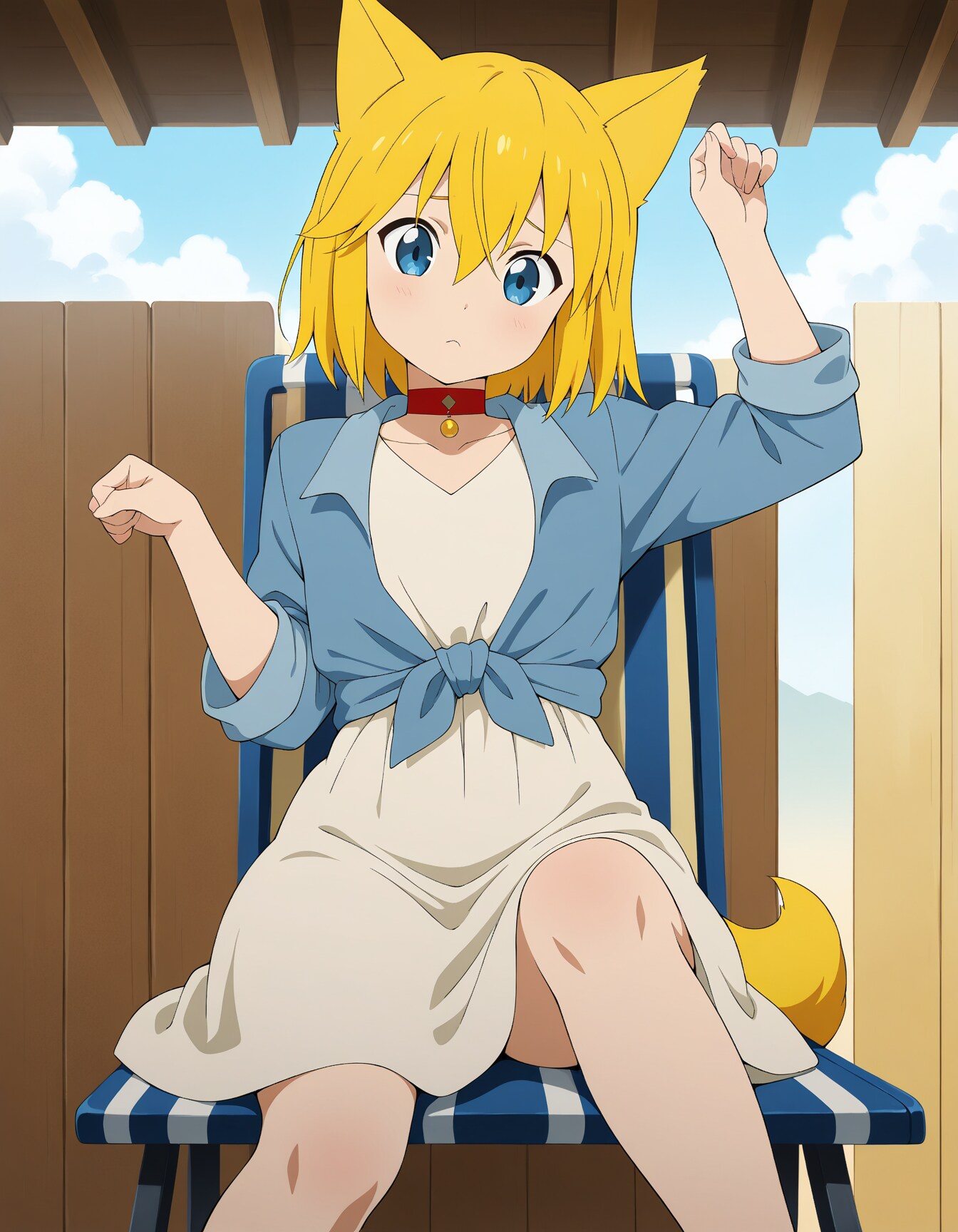 デッキチェアに腰を下ろしたはいいもののどうにも体の収まりが悪いのでベストポジションを探していたところなぜか招き猫みたいなポーズをナチュラルに取ってしまっているキツネ | の人気AIイラスト・グラビア