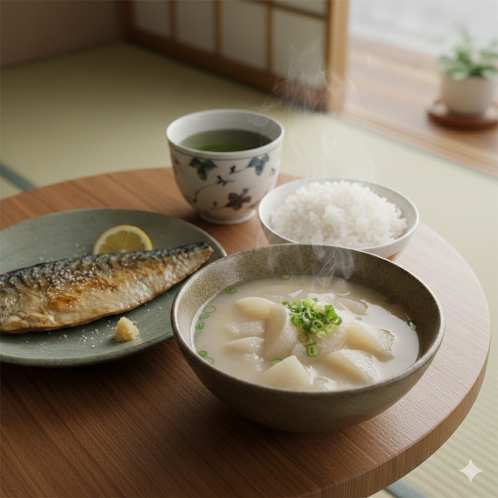 【朝食】白米、大根の味噌汁、鯖塩焼き、緑茶