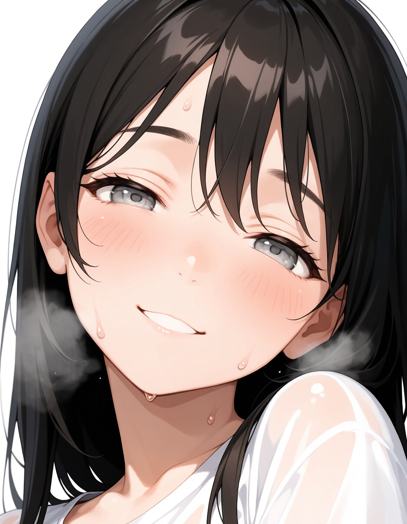 half-closed eyes, heavy breathing, sweat, blush