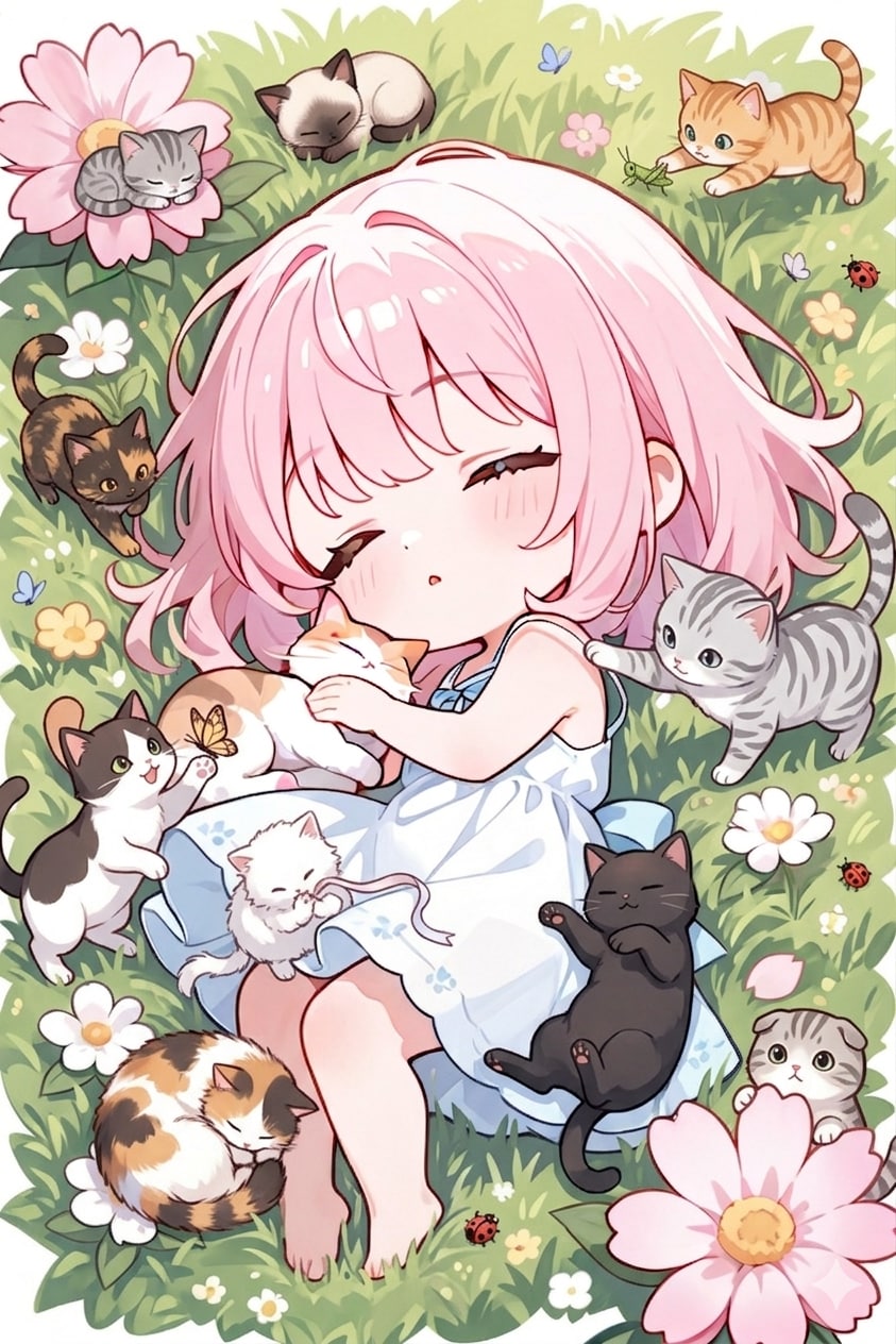 猫と寝るピンク髪ちゃん | の人気AIイラスト・グラビア