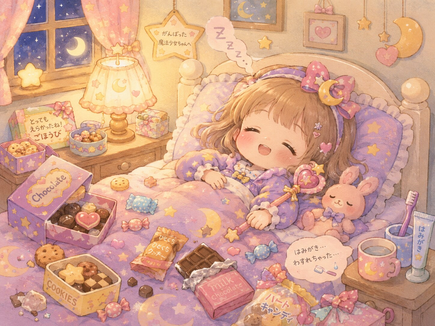 ごほうびをたくさんたべてはみがきわすれちゃった…