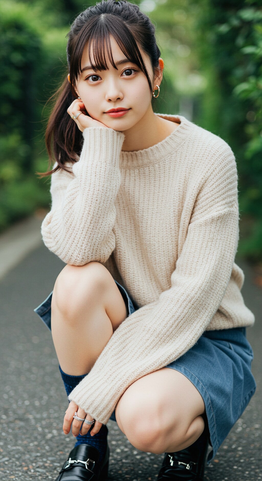 ファッション　　　服装の色合いとポーズはAIに考える指定をしたら、いつの間にかファッションまで勝手に考えてた。靴が黒一色なのはなぜ。