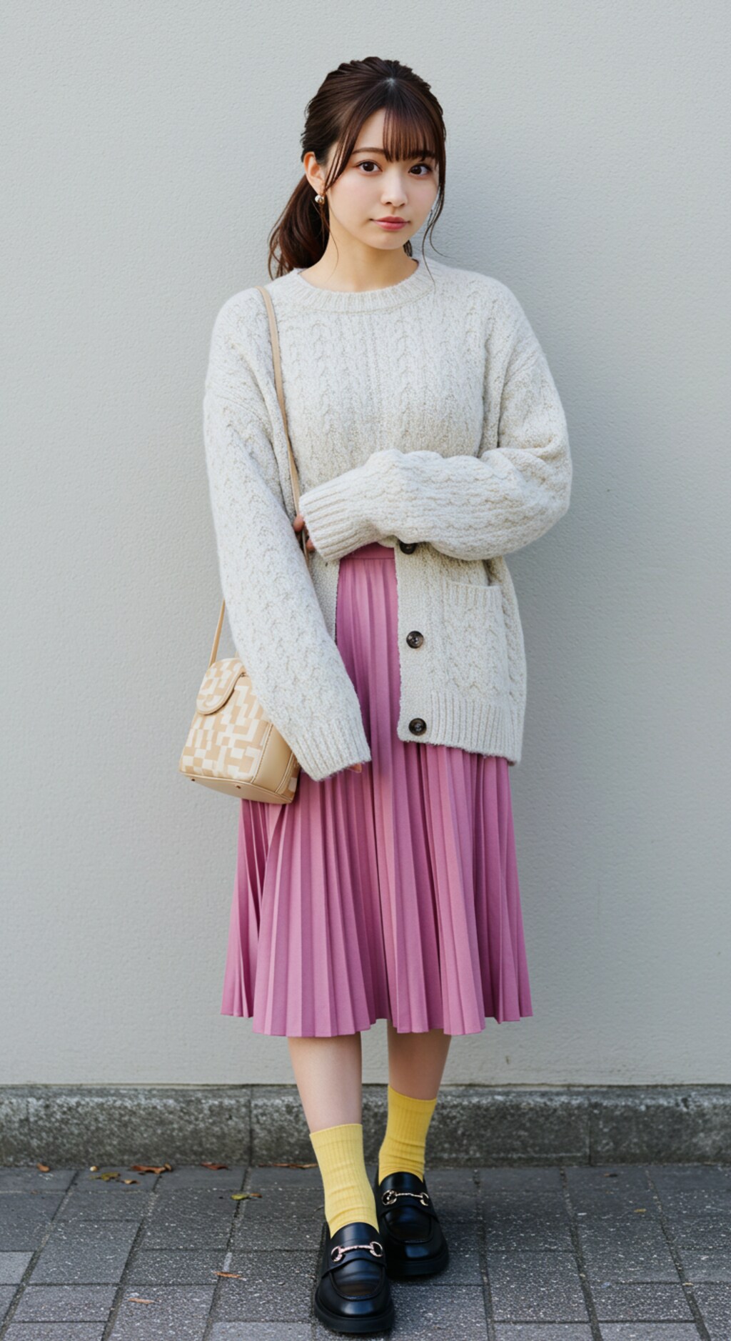 ファッション　　　服装の色合いとポーズはAIに考える指定をしたら、いつの間にかファッションまで勝手に考えてた。靴が黒一色なのはなぜ。