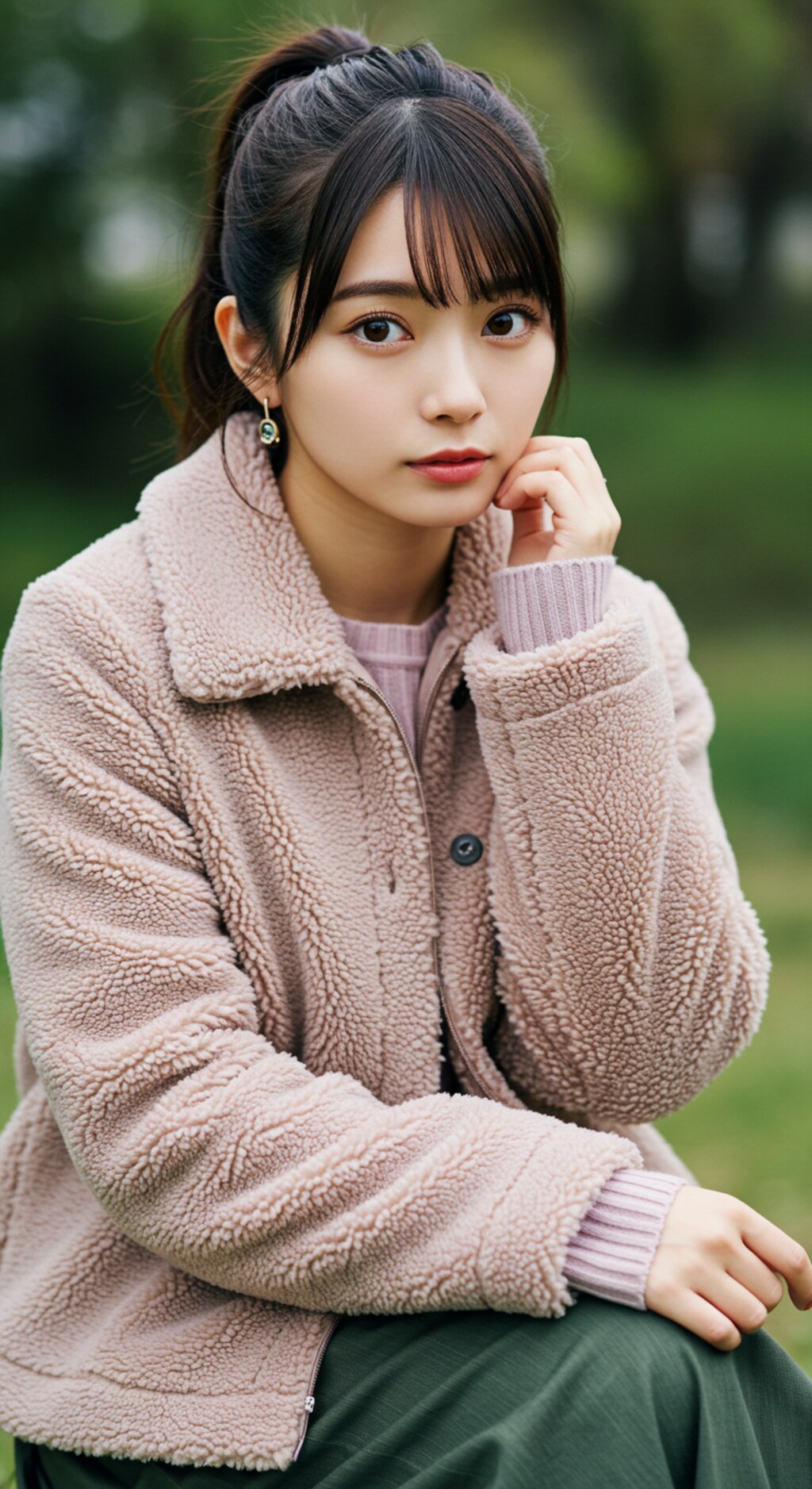 ファッション　　　服装の色合いとポーズはAIに考える指定をしたら、いつの間にかファッションまで勝手に考えてた。靴が黒一色なのはなぜ。