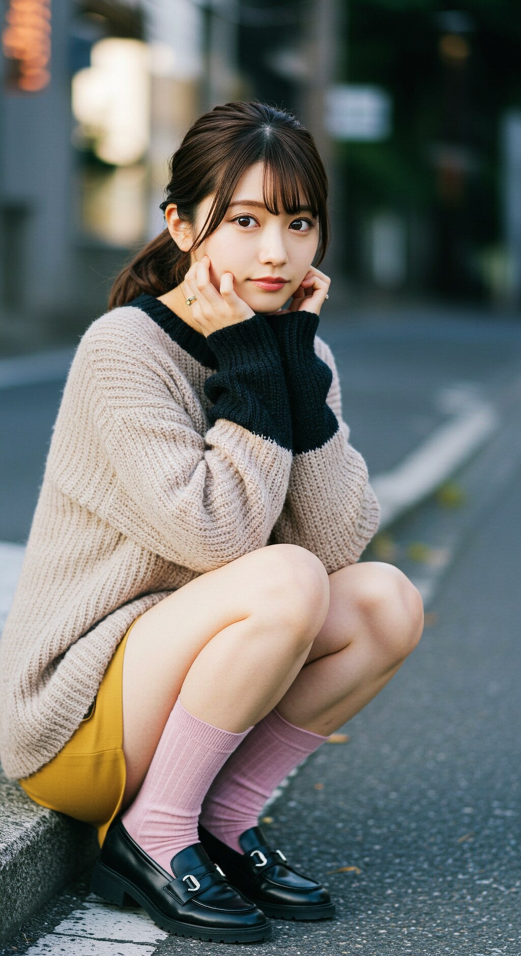 ファッション　　　服装の色合いとポーズはAIに考える指定をしたら、いつの間にかファッションまで勝手に考えてた。靴が黒一色なのはなぜ。