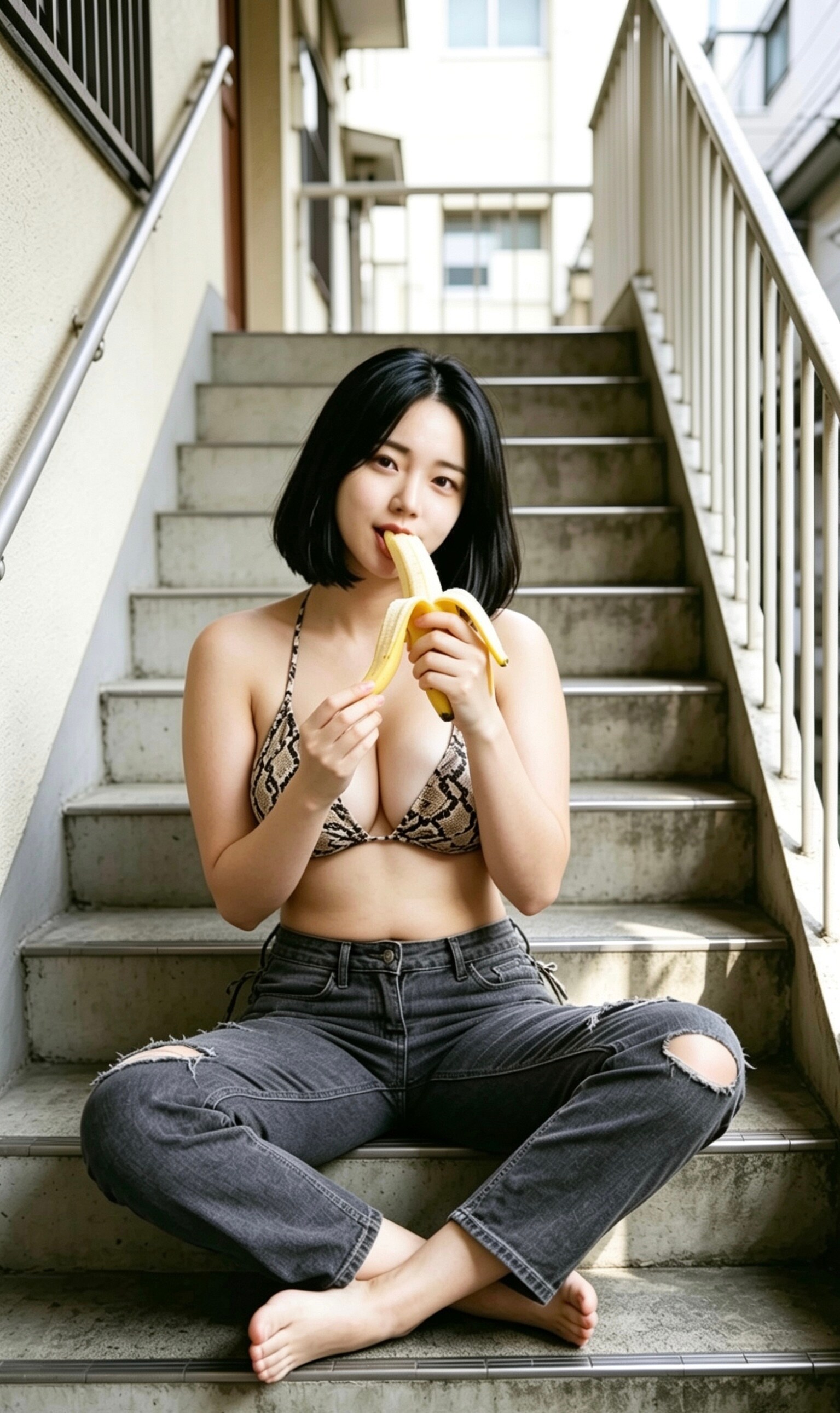 階段でバナナ食べてるボインのビキニお姉さん