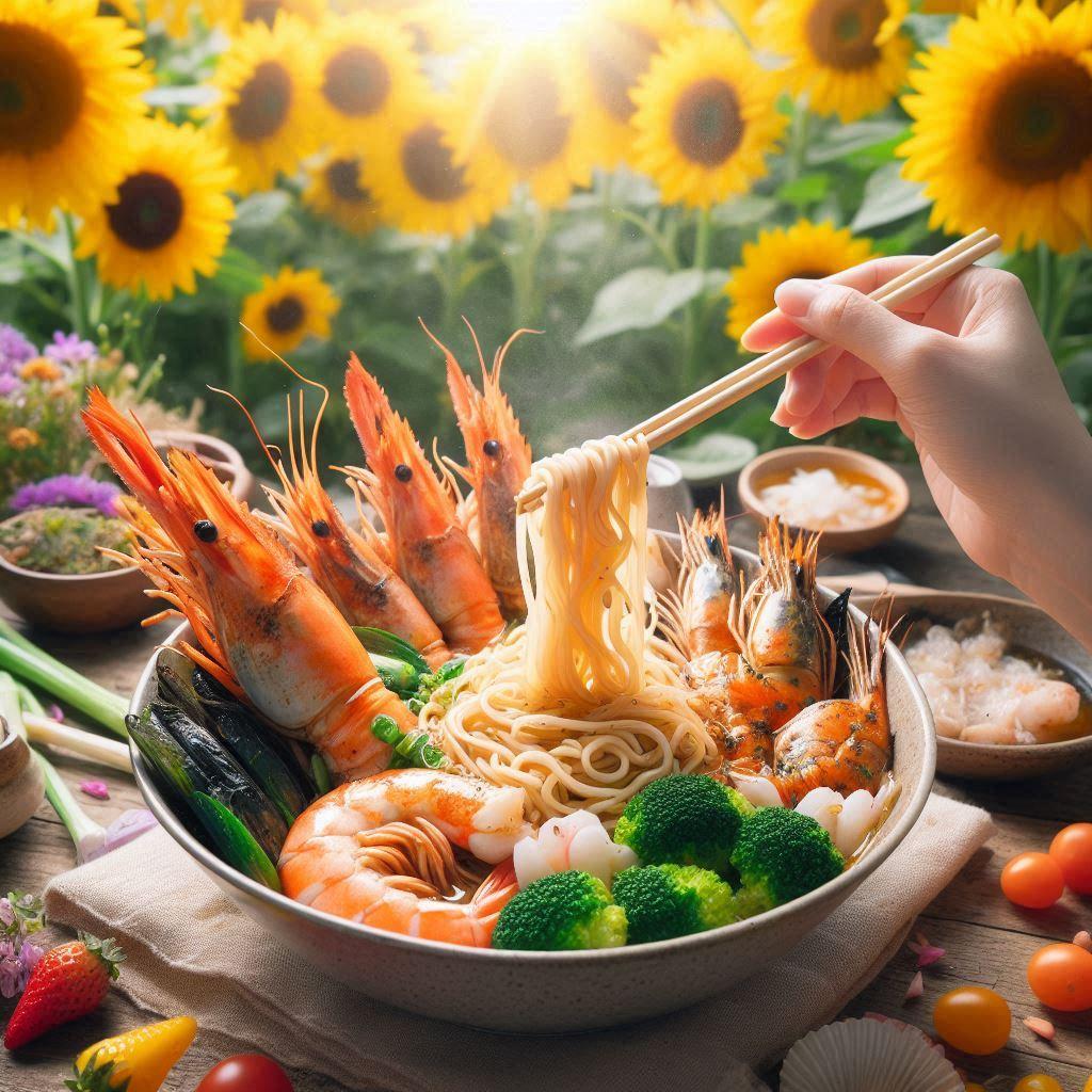 ひまわり畑で食べるseafood noodle | の人気AIイラスト・グラビア