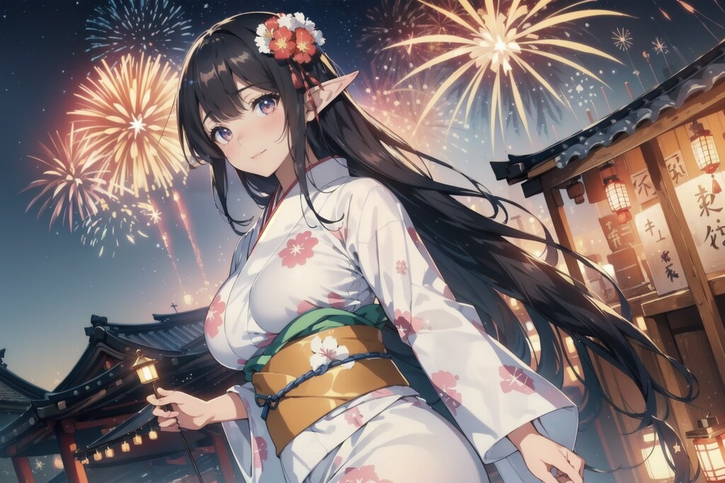 夏祭りを満喫する黒髪エルフさん