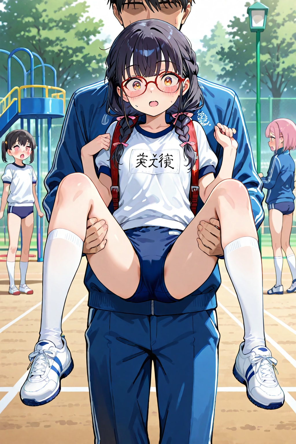 急に後ろから抱きかかえられてビックリ眼鏡ブルマっ娘