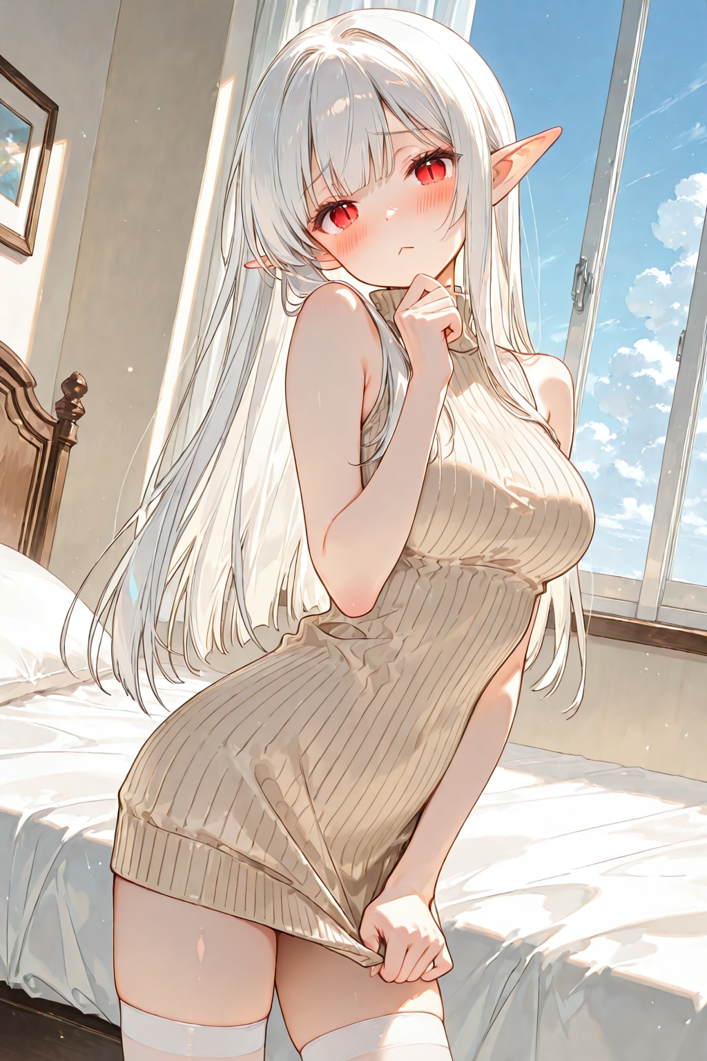 要望（BONSAI）『あの、ご主人様に着てほしいと言われた服ですが……見えちゃいそうです』ネージュ（エルフメイド）