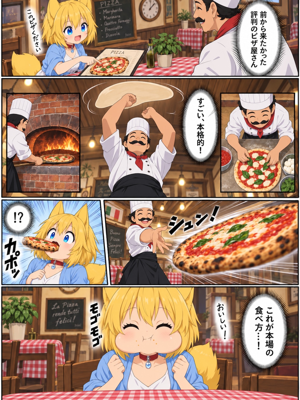 笑顔のたえないシェフがいるピザ屋さんを訪れるキツネ